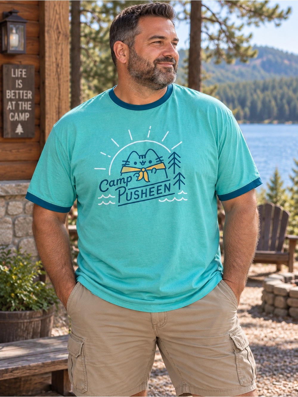 Pusheen Teal Ringer Camp Graphic T-Shirt with Navy Trim